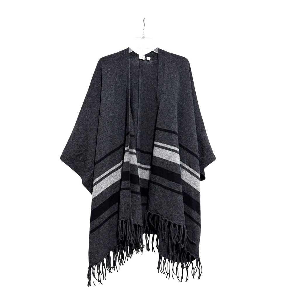 GAP Women Charcoal Grey 100% Wool Striped Fringe Poncho Wrap One Size Knit Cape